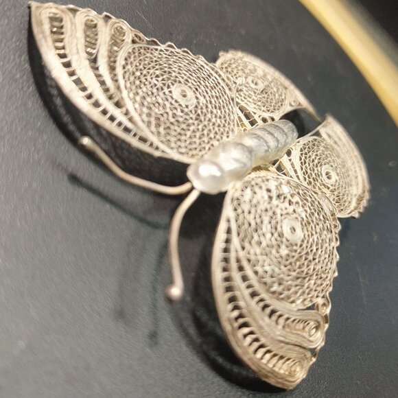 Mexican 925 Silver Fine Filigree Butterfly Vintage Brooch Pin - Picture 2 of 14